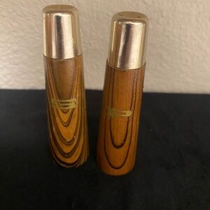 Vintage Mid Century- Wood-Grain Salt and Pepper Shakers with Gold Caps